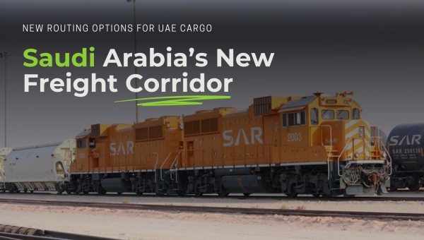 Banner for a blog about Saudi Arabia’s new freight corridor and its impact on UAE shipping, cargo planning, and regional trade routes.